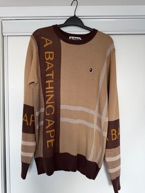 A BATHING APE BAPE Tan & Brown Logo Knit Sweater - Men's